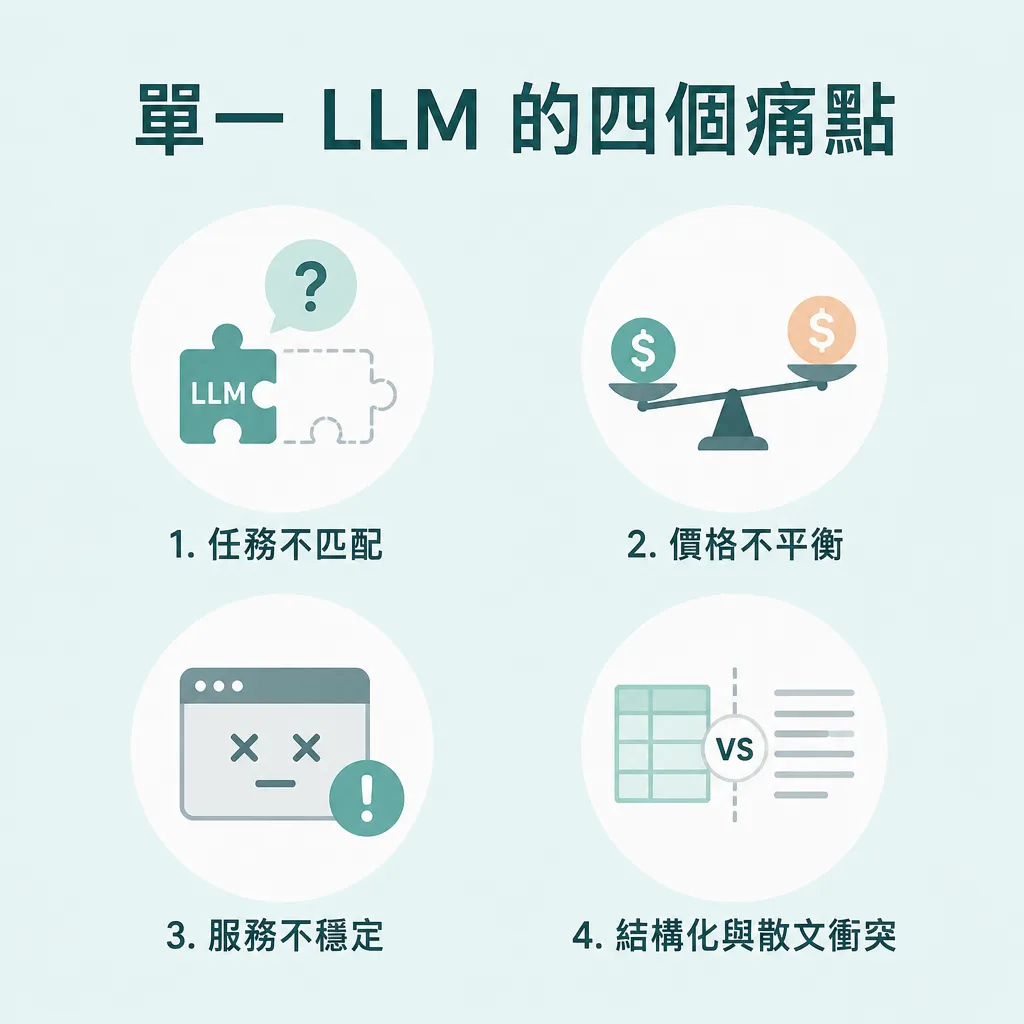 單一 LLM 工作流四大痛點示意圖：任務型態不一、價格梯度不對、故障無備援、結構化與長文衝突