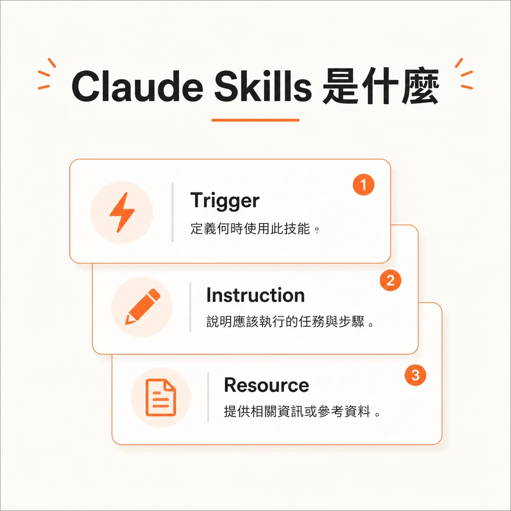 Claude Skills 是什麼 標題搭配三層 skill 元素卡片示意