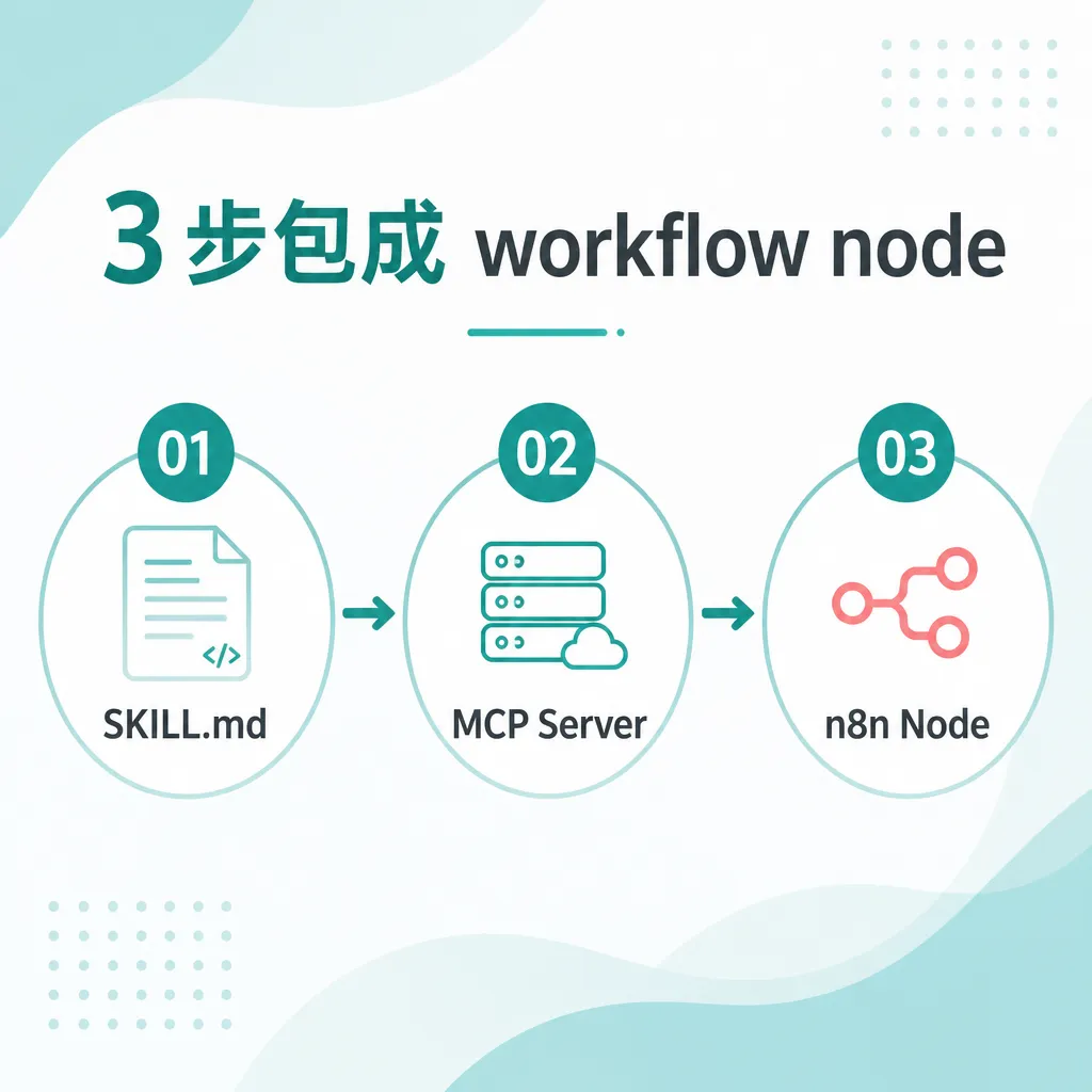 3 步把 Claude Skills 包成 workflow node 的流程示意圖